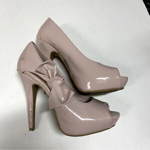 GNW beige blush glossy bow platform peep toe stiletto heels pumps shoes glam 6